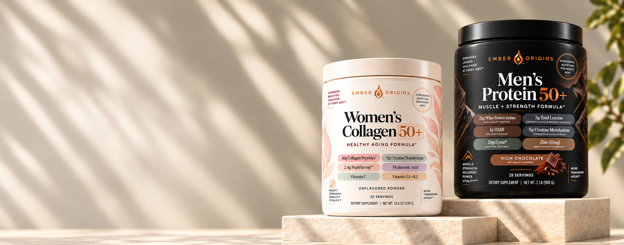 Ember Origins Women’s Collagen 50+ and Men’s Protein 50+ on warm ivory limestone platforms