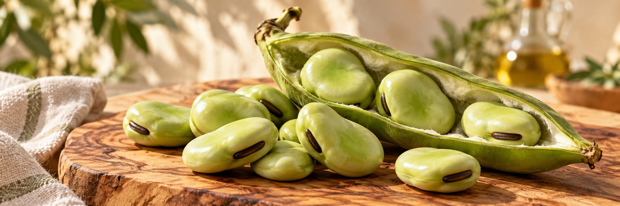 Broad fava beans beside an open pod